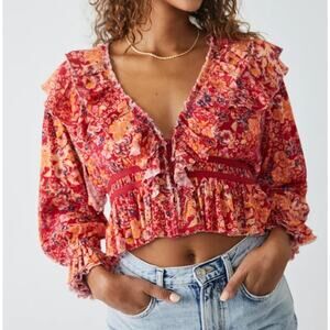 Free People Rudi Floral Printed Ruffle Cropped Blouse In Cherry Combo Size Small